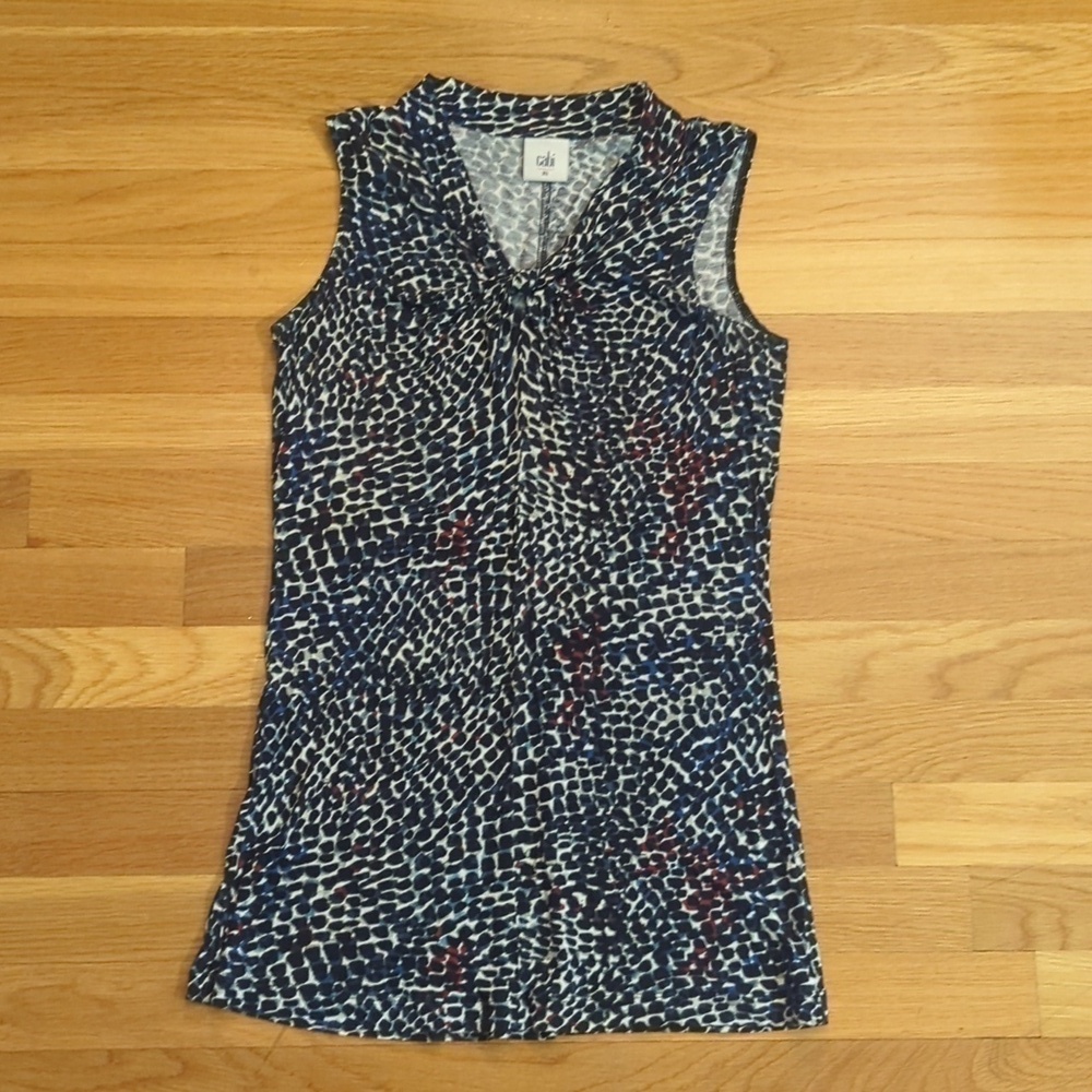 CAbi Black Red Blue Print Sleeveless V-Neck Knot Top Size XS - Picture 2 of 10